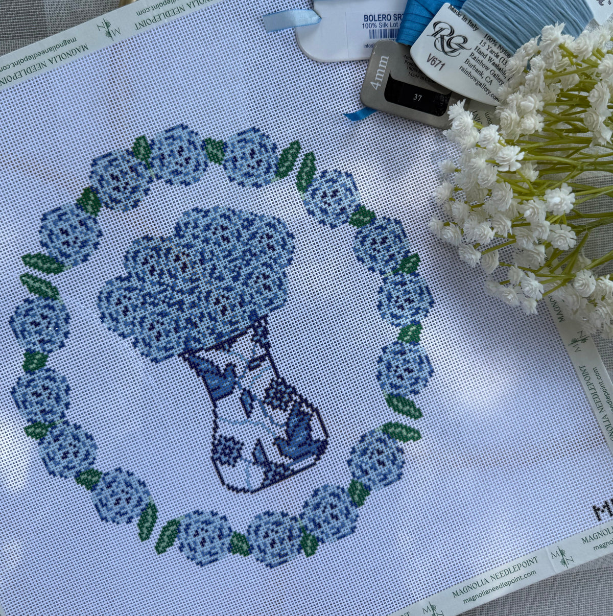 Porcelain Blooms Hydrangea Wreath needlepoint canvas