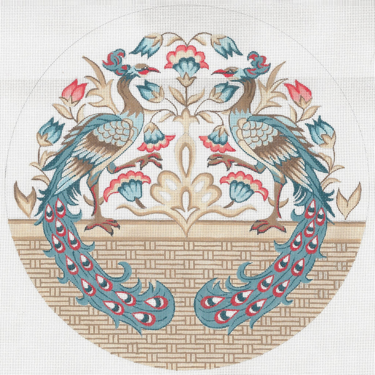 Beige and Blue Round Peacock needlepoint canvas