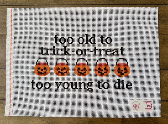 Too Old to Trick or Treat needlepoint canvas by Elizabeth Brooke