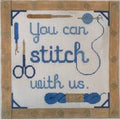 You Can Stitch With Us, Blue needlepoint canvas by Rachel Donley