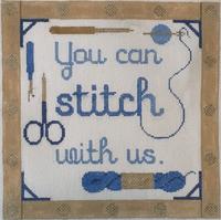 You Can Stitch With Us, Blue needlepoint canvas by Rachel Donley