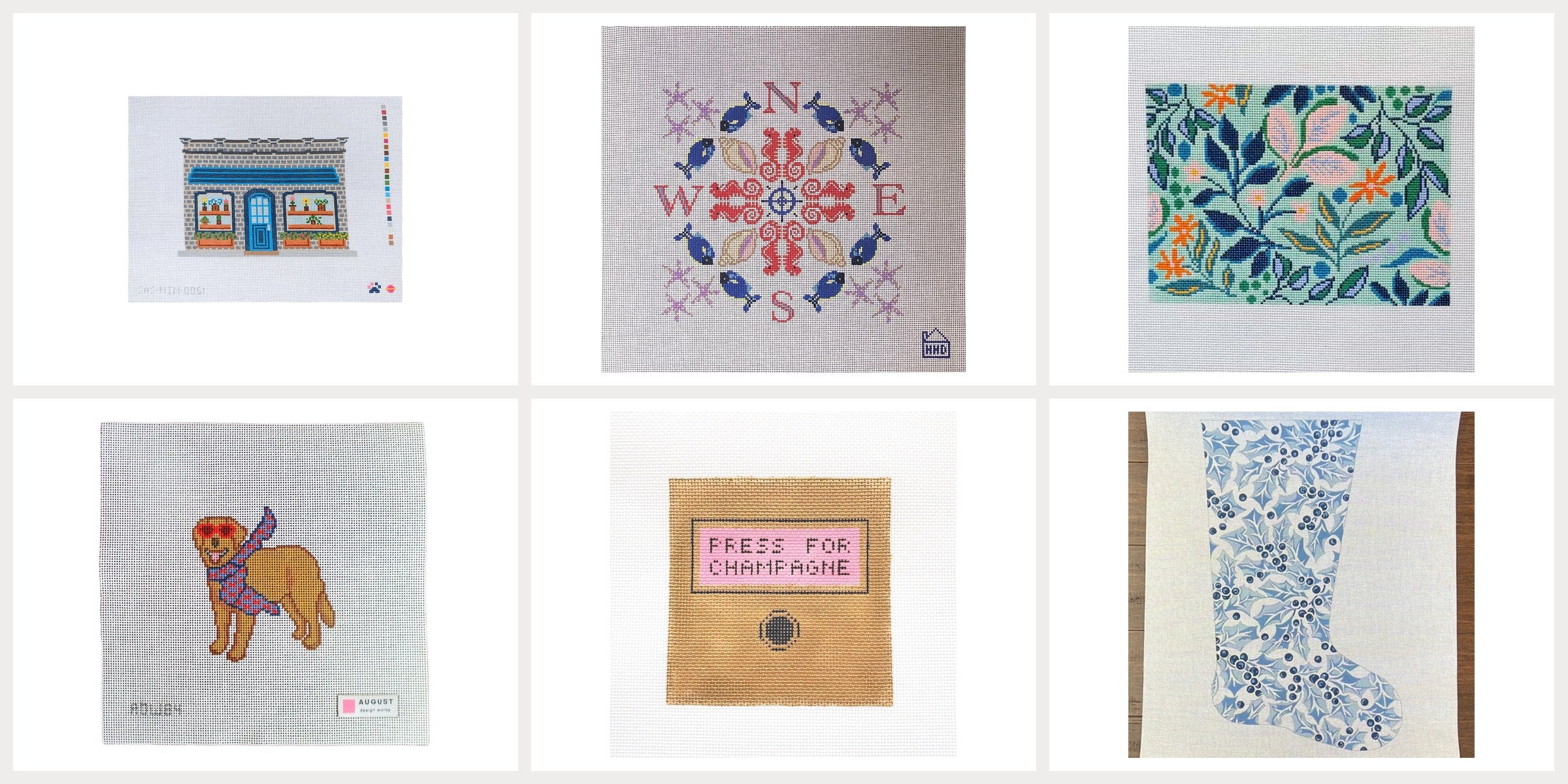 Hand-painted needlepoint canvases at Black Sheep Needlepoint