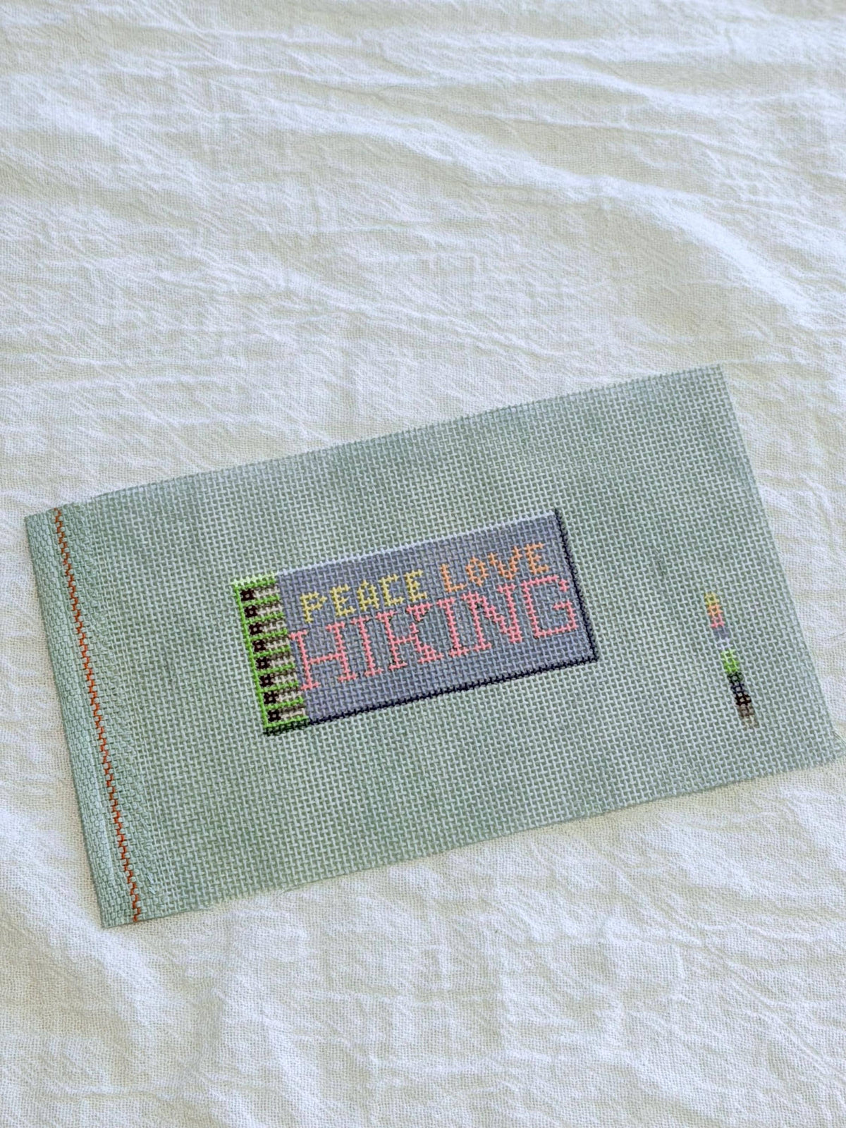 Peace Love Hiking Matchbox Needlepoint Canvas on Green 18 mesh needlepoint canvas